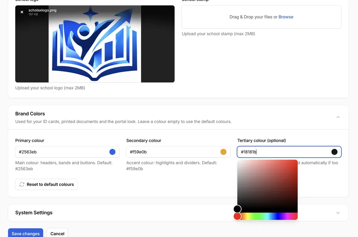 School settings with logo upload and brand colour pickers