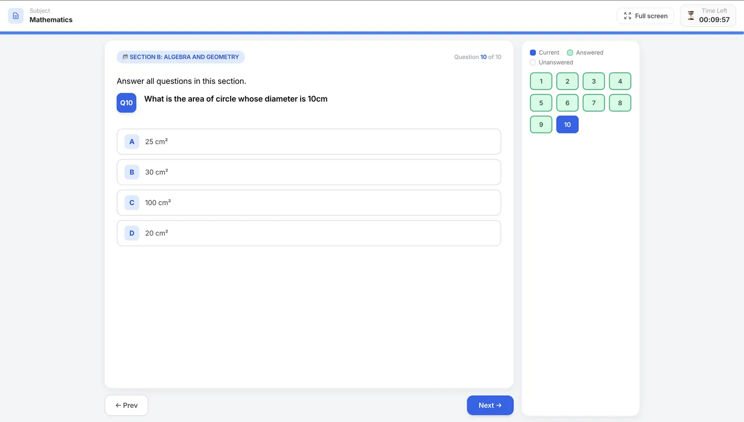 Student taking a timed mathematics test with a question navigator