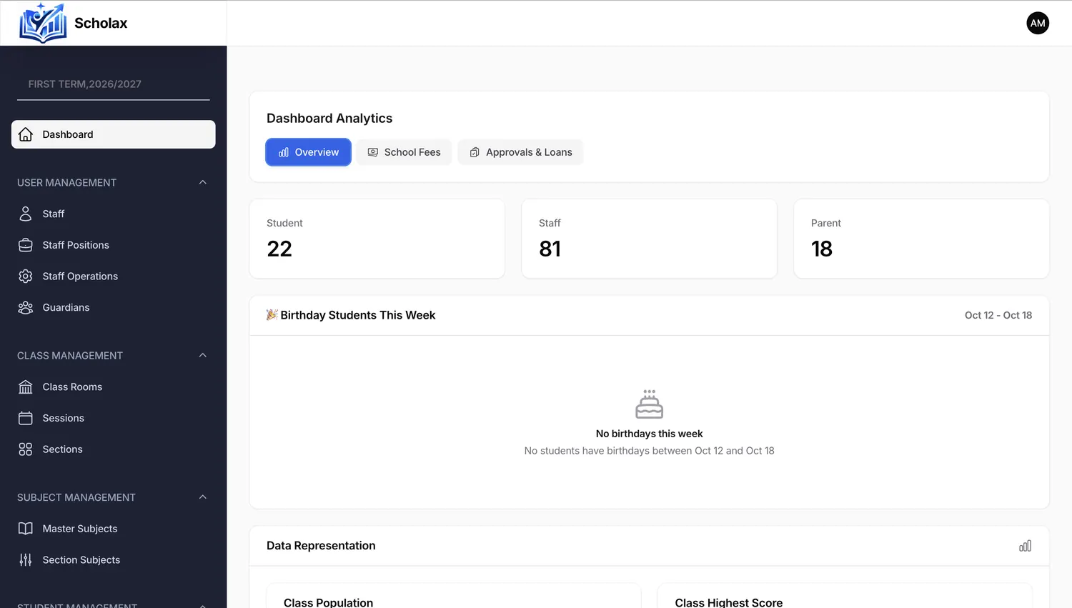 Scholax dashboard showing student, staff and parent totals with a birthdays panel