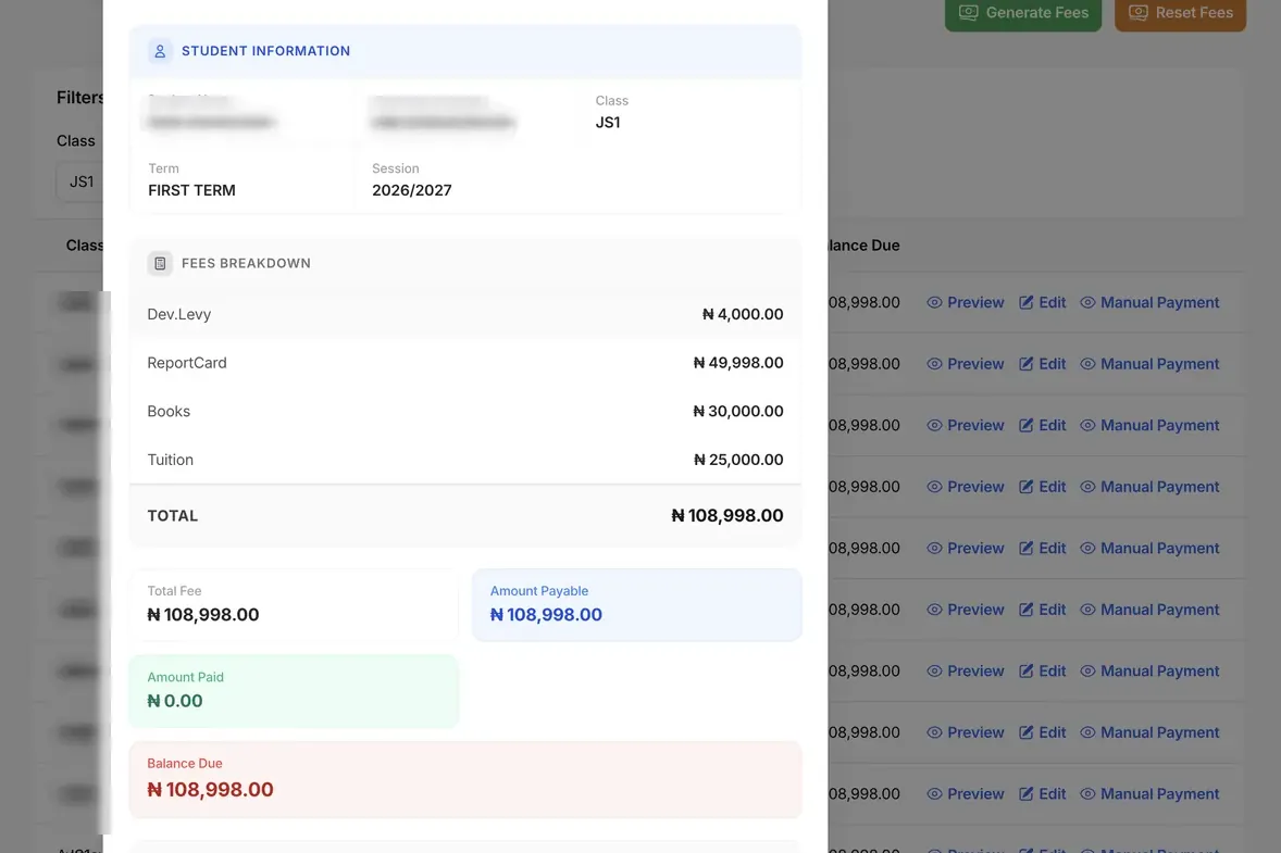 School fees breakdown for a JS1 student in naira
