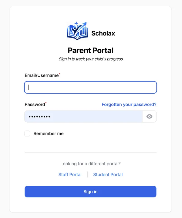Parent portal sign-in page