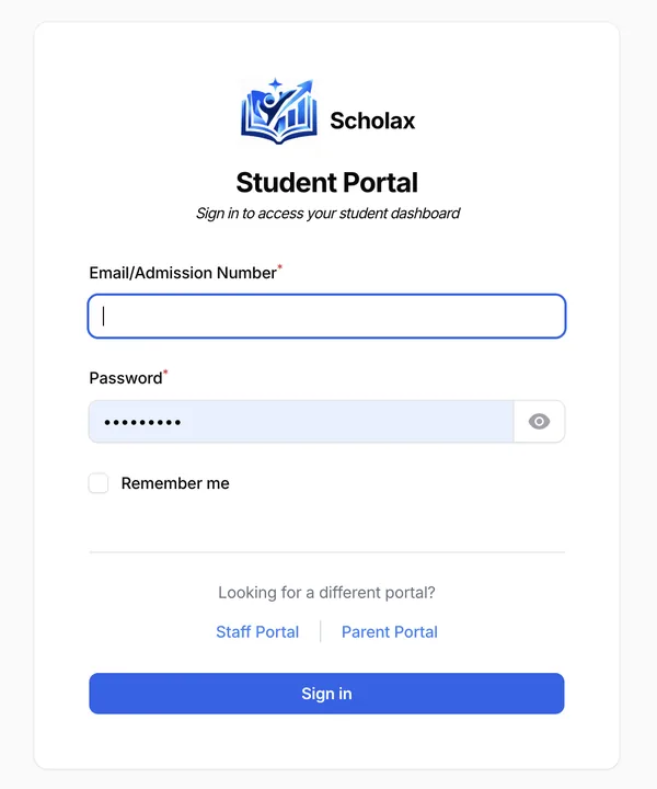 Student portal sign-in page